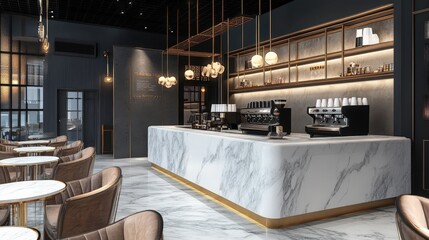 Poster - Create an image of a modern coffee shop with a sophisticated, upscale design.