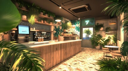 Poster - Create an image of a modern coffee shop with a vibrant, tropical theme.