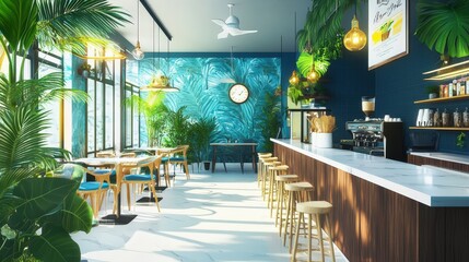 Poster - Create an image of a modern coffee shop with a vibrant, tropical theme.