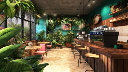Poster - Create an image of a modern coffee shop with a vibrant, tropical theme.