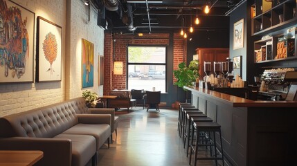 Poster - Create an image of a modern coffee shop with an artistic, creative atmosphere.