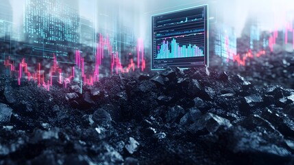 Poster - a towering heap of black coal with a holographic financial data overlay,symbolizing the intersection