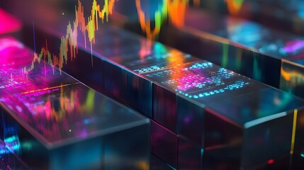 Poster - An abstract and futuristic digital visualization of financial data and market analytics,featuring a dynamic and colorful display of charts,graphs.