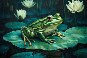 A vibrant green frog perched on a lily pad surrounded by water lilies.