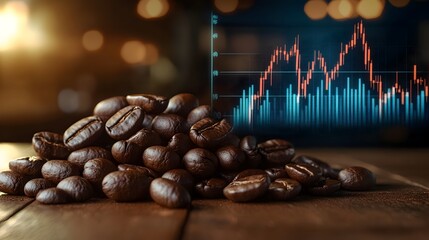 Poster - Close-up photography of neatly stacked roasted coffee beans on a rustic wooden table,with a financial market chart or graph displayed in the background.