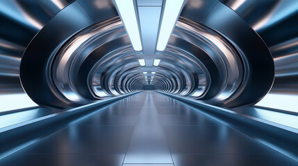 A futuristic hallway inside a building, shown in a 3D image that makes you feel like you're actually there. It's a full 360-degree view, with a modern, abstract design.