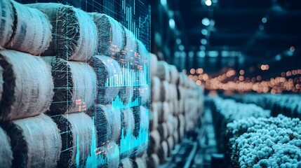 Poster - futuristic cotton bale storage facility with advanced holographic data visualization technology. row
