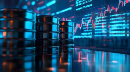 Detailed image of crude oil barrels with financial data and analytics displayed,reflecting the dynamic conditions and challenges in the global energy industry and commodity markets.