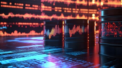 Poster - Crude oil barrels with digital financial data visualizations and analytics displayed on computer screens,representing the energy industry,commodity trading,and business intelligence.