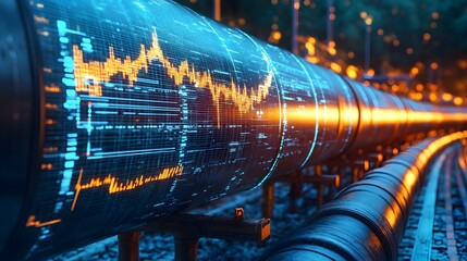 Futuristic illuminated pipeline network conveying oil and gas through an urban industrial landscape at night. The intricate web of pipelines glows with a vibrant.