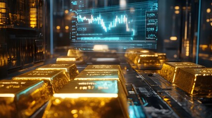 Aufkleber - closeup view of gold bars with holographic financial data and analytics displayed on computer screen