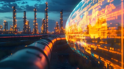 Poster - aerial view of an expansive network of crude oil pipelines,storage tanks,and petrochemical refinery 