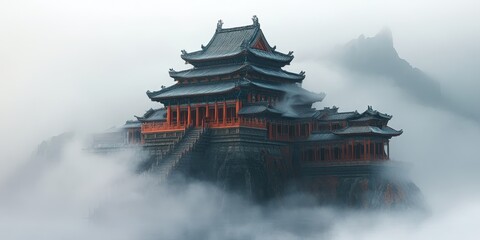 Wall Mural - Floating temple melting rooftops shifting fog