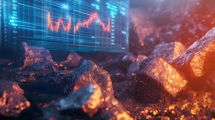 Poster - A photograph of iron ore chunks and a futuristic market data visualization with a graph and chart on a digital backdrop,representing the financial industry,natural resources,and technological trends.