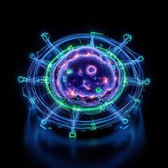 Futuristic digital representation of a glowing atom surrounded by vibrant neon elements, symbolizing advanced scientific concepts.