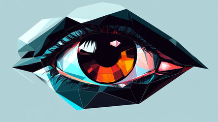 A futuristic robot eye design, made with geometric shapes. It's a symbol for digital vision, security, and surveillance technology.low poly vector illustration.