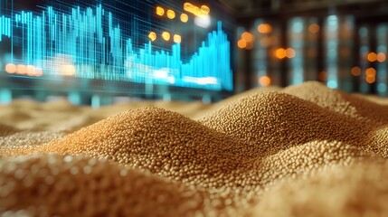 Poster - A photograph showcasing piles of soybeans,a vital agricultural commodity,juxtaposed with a holographic display of financial data and market trends.