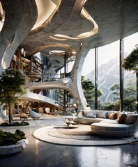 Aufkleber - The image showcases a luxurious living room with a modern, curved ceiling and large windows that offer a view of the mountains. The room is furnished with a round sofa, a