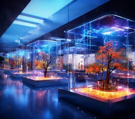 Poster - a futuristic indoor space with a series of glass enclosures housing a variety of trees, each with a unique color and shape. The trees are illuminated by a blue light, creating