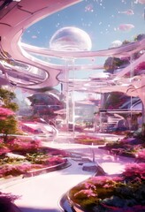 Aufkleber - a futuristic cityscape with a curved, pink-hued sky, a large transparent dome, and a winding path through a garden filled with pink flowers and plants.
