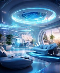 Aufkleber - a futuristic living room with a curved ceiling, blue lighting, and a large circular window overlooking a cityscape.