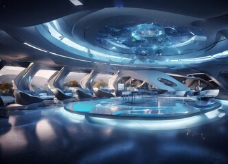 Poster - a futuristic lounge area with curved walls, a circular platform, and a large circular light fixture at the center. The lounge is surrounded by large windows offering views of