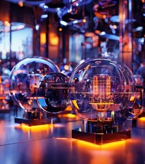 Poster - a collection of glass spheres with a glowing orange light inside, arranged on a reflective surface. The spheres are positioned in a way that creates a sense of depth