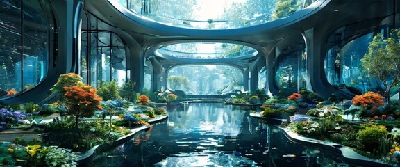 Poster - a futuristic indoor garden with a central pond surrounded by lush greenery, vibrant flowers, and a curved glass ceiling that allows natural light to filter in.
