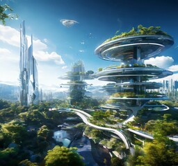 Poster - a futuristic cityscape with towering structures, lush greenery, and a hovering spaceship in the sky, evoking a sense of advanced technology and environmental harmony.