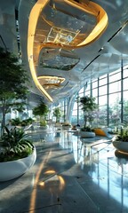 Poster - a modern, open-plan office space with a high ceiling, large windows, and a variety of potted plants. The floor is made of glass, reflecting the natural light and creating a