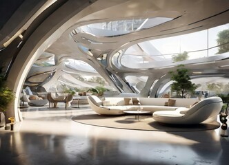 Poster - a modern, open-concept living space with a high ceiling, curved walls, and large windows that allow natural light to flood the room. The space features white furniture,