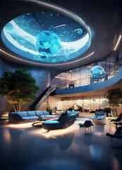 Poster - a modern, futuristic lobby with a curved ceiling, large circular light fixtures, and a glass wall separating the lounge area from a balcony. The lounge area features