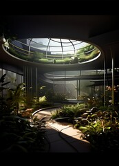 Poster - a serene indoor garden space with a curved glass ceiling, lush greenery, and a winding path leading to a large window.