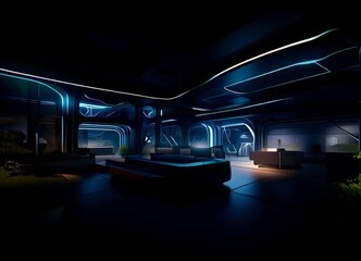 Poster - a futuristic, high-tech lobby with sleek, curved architecture, large windows, and a minimalist design. The space is illuminated by a mix of blue and white lights, creating a