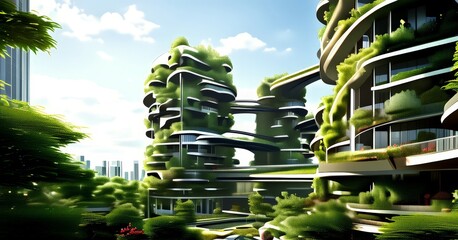 Aufkleber - a futuristic architectural design with a series of interconnected buildings covered in lush greenery, set against a backdrop of a clear blue sky and distant cityscape.