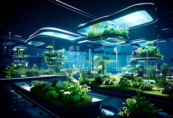 Aufkleber - a futuristic indoor garden with a variety of plants and aquatic elements, illuminated by a blue and green lighting system.