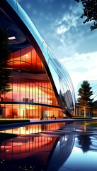 Poster - a modern architectural structure with a curved facade, large glass windows, and a reflective pool in the foreground, set against a backdrop of a blue sky with clouds.