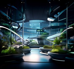 Poster - a futuristic indoor space with curved walls, large windows, and a variety of plants arranged in circular patterns, creating a sense of movement and dynamism.