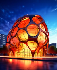 Poster - a futuristic, spherical building with a unique, organic-looking structure, illuminated by a warm orange glow against a clear blue sky.