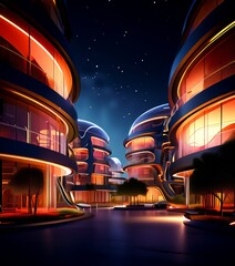 Aufkleber - A futuristic cityscape at night, featuring curved buildings with glowing windows and a starry sky overhead.