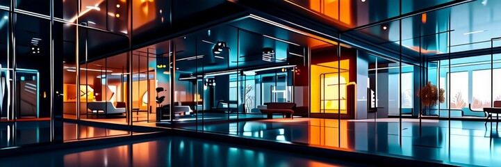Poster - a modern, open-concept office space with large glass walls, bright lighting, and a sleek, minimalist design.