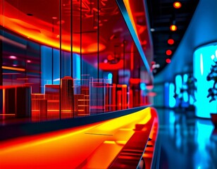 Poster - a futuristic interior space with a curved wall, a long table, and a cityscape model on the left side. The scene is illuminated by a mix of red, blue, and yellow lights, creating