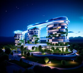 Aufkleber - a futuristic architectural design with multiple curved towers, illuminated at night against a starry sky.