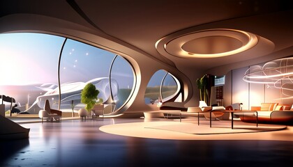 Aufkleber - a futuristic living room with curved walls, large windows offering a view of a futuristic cityscape, and a circular light fixture hanging from the ceiling.