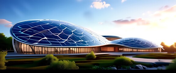 Aufkleber - a futuristic architectural structure with a curved, glass-paneled roof that reflects the surrounding environment, set against a backdrop of a clear blue sky and lush greenery.
