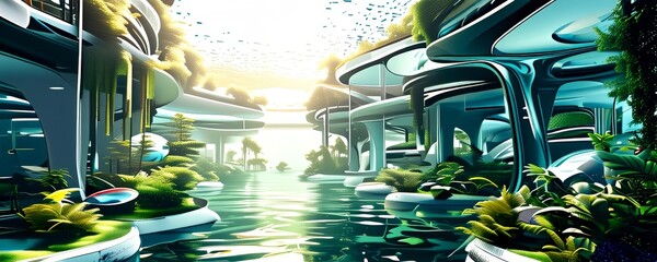 Poster - a futuristic cityscape with a river flowing through it, surrounded by lush greenery and towering structures with curved roofs.