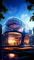 Poster - a futuristic building with a curved glass facade, illuminated by warm orange lights, set against a starry night sky and surrounded by trees.