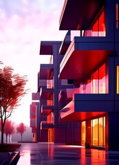 Fototapete - a modern architectural structure with a series of balconies and windows, bathed in a warm, pinkish glow from the setting sun. The building's design features a blend of
