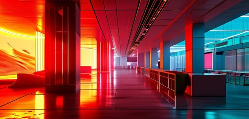 Poster - a modern, minimalist interior space with a long, polished corridor bathed in a vibrant mix of red, orange, and blue light. The floor is made of reflective tiles, and the