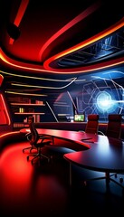 Leinwandbilder - a futuristic, high-tech office space with a curved desk, two chairs, and a large screen displaying a map. The room is illuminated by red and blue lights, creating a striking